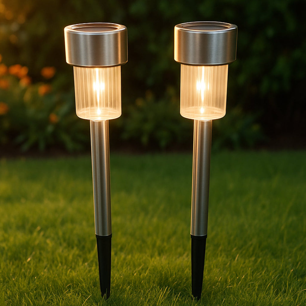 Set of two solar garden pathway lights with stainless steel finish for outdoor use
