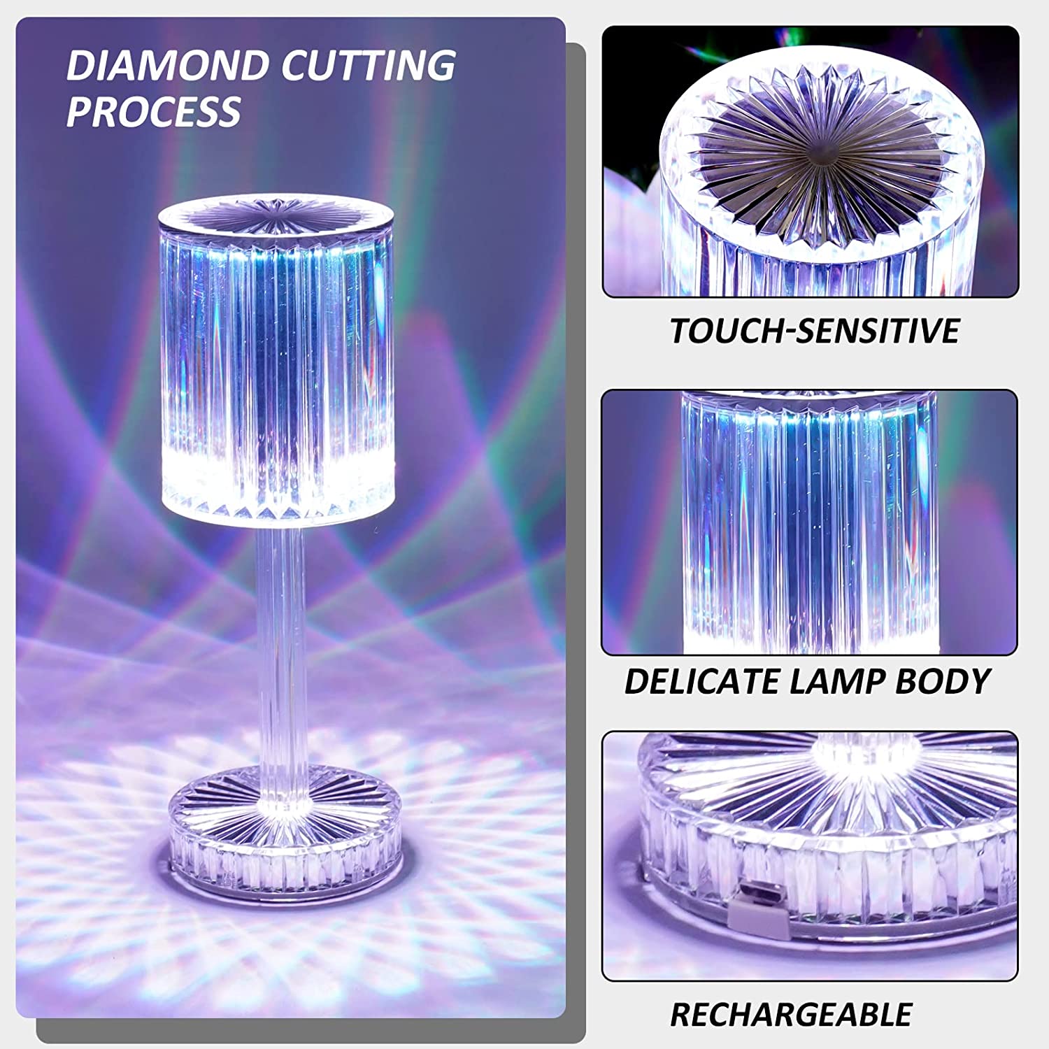 A clear view of the faceted acrylic crystal table lamp, ready for use.