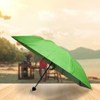 A green umbrella with a black handle is open on a wooden surface, with a blurry beach scene in the background.