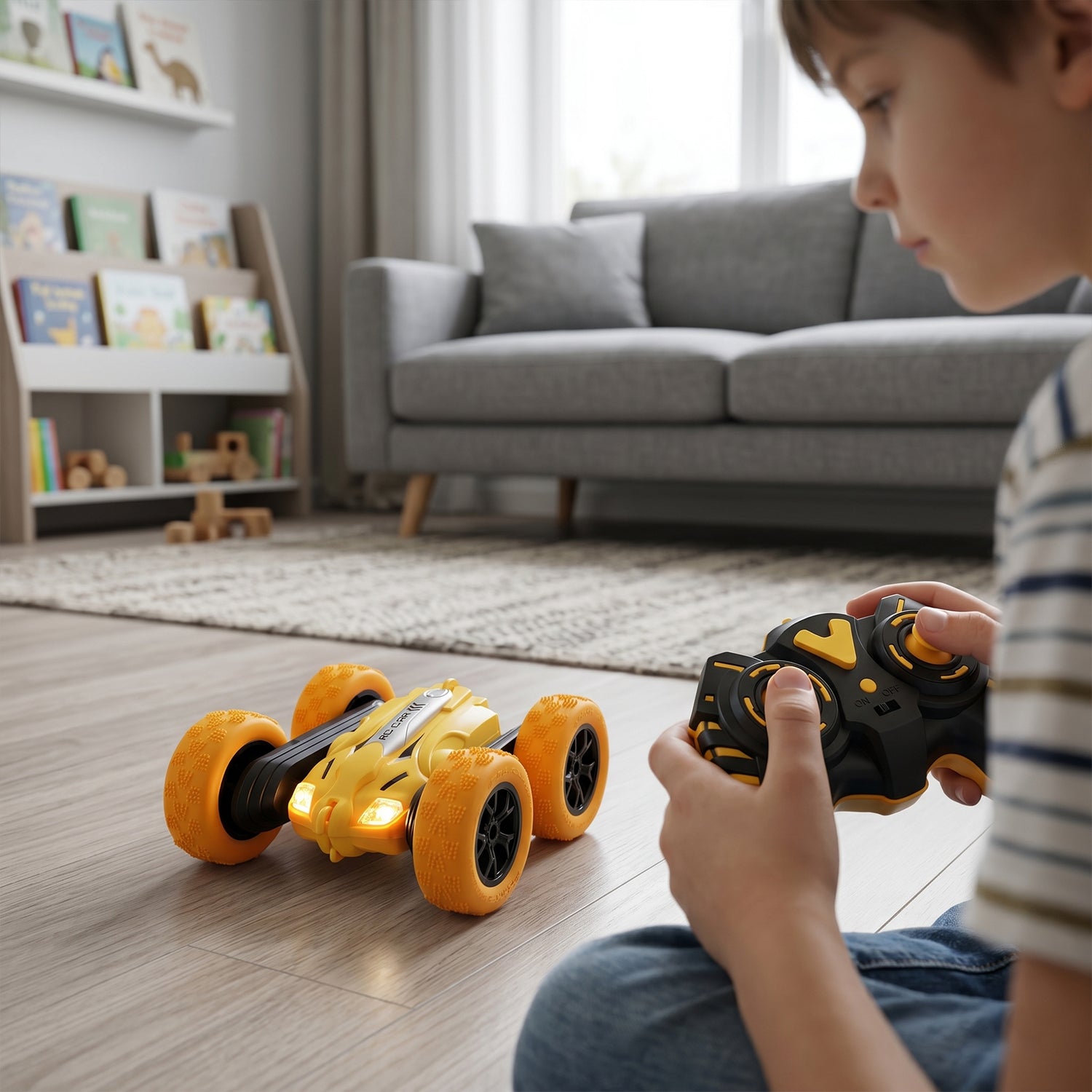 High-speed remote control stunt car with multiple stunts