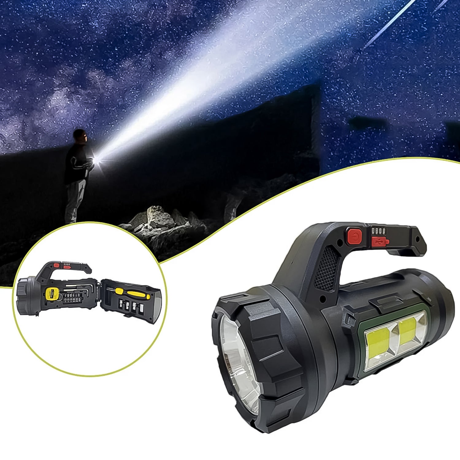 Illustration of the SOS Light's long-range torchlight illuminating a dark environment.