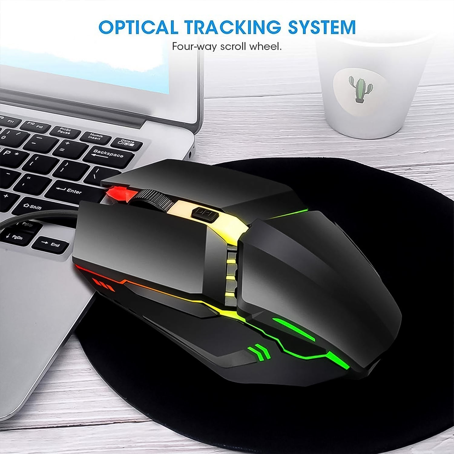 Angled view of the ProFlex Wired Gaming Mouse, emphasizing its contoured shape for support.