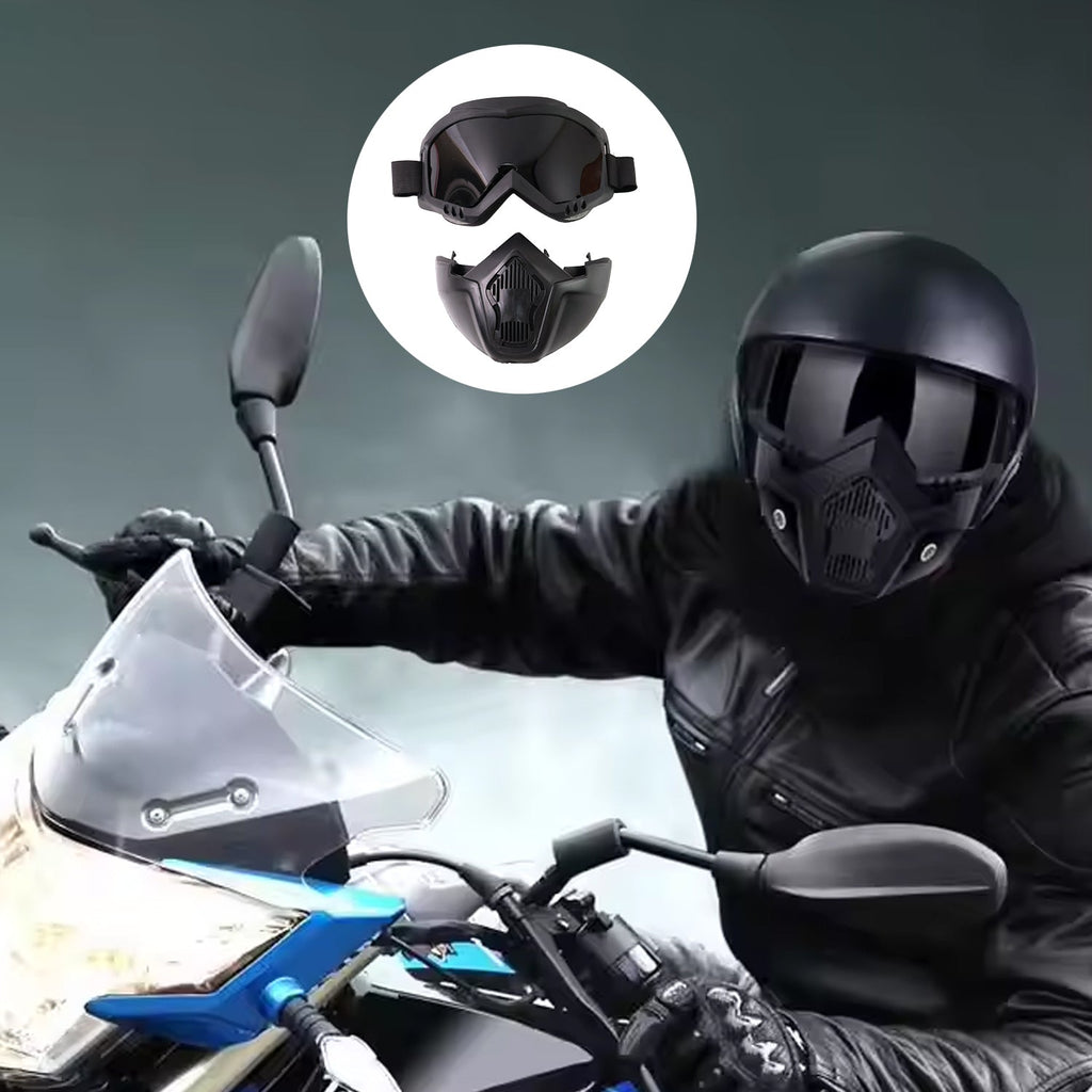 Angled view of the RaceVault off-road motorcycle goggles and windproof mask.