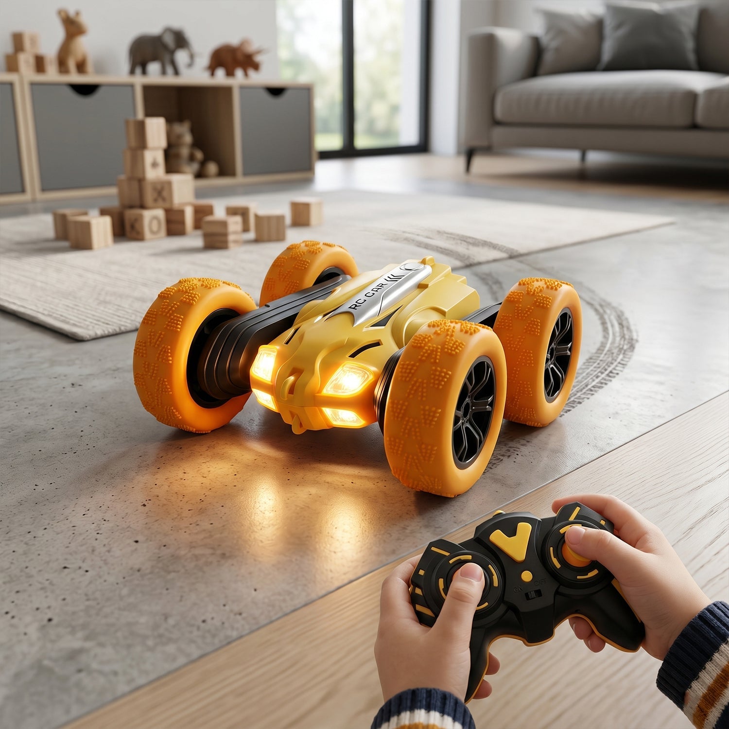 Double flip RC car with bright lights for stunt performance