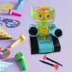 Transparent gear robot car with visible colorful moving gears and bright lights, designed for kids.