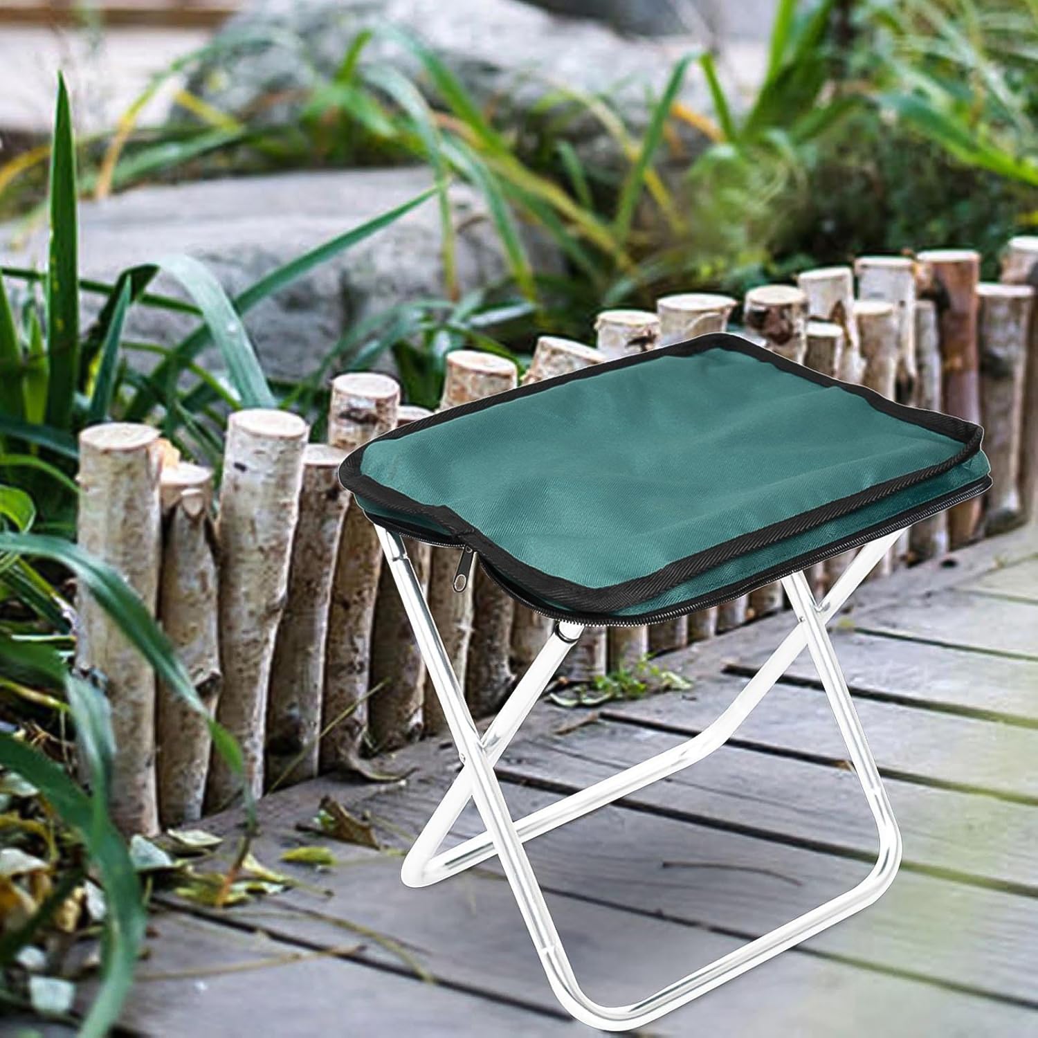 Lightweight Folding Camping Stool positioned beside a tent, showcasing outdoor readiness.