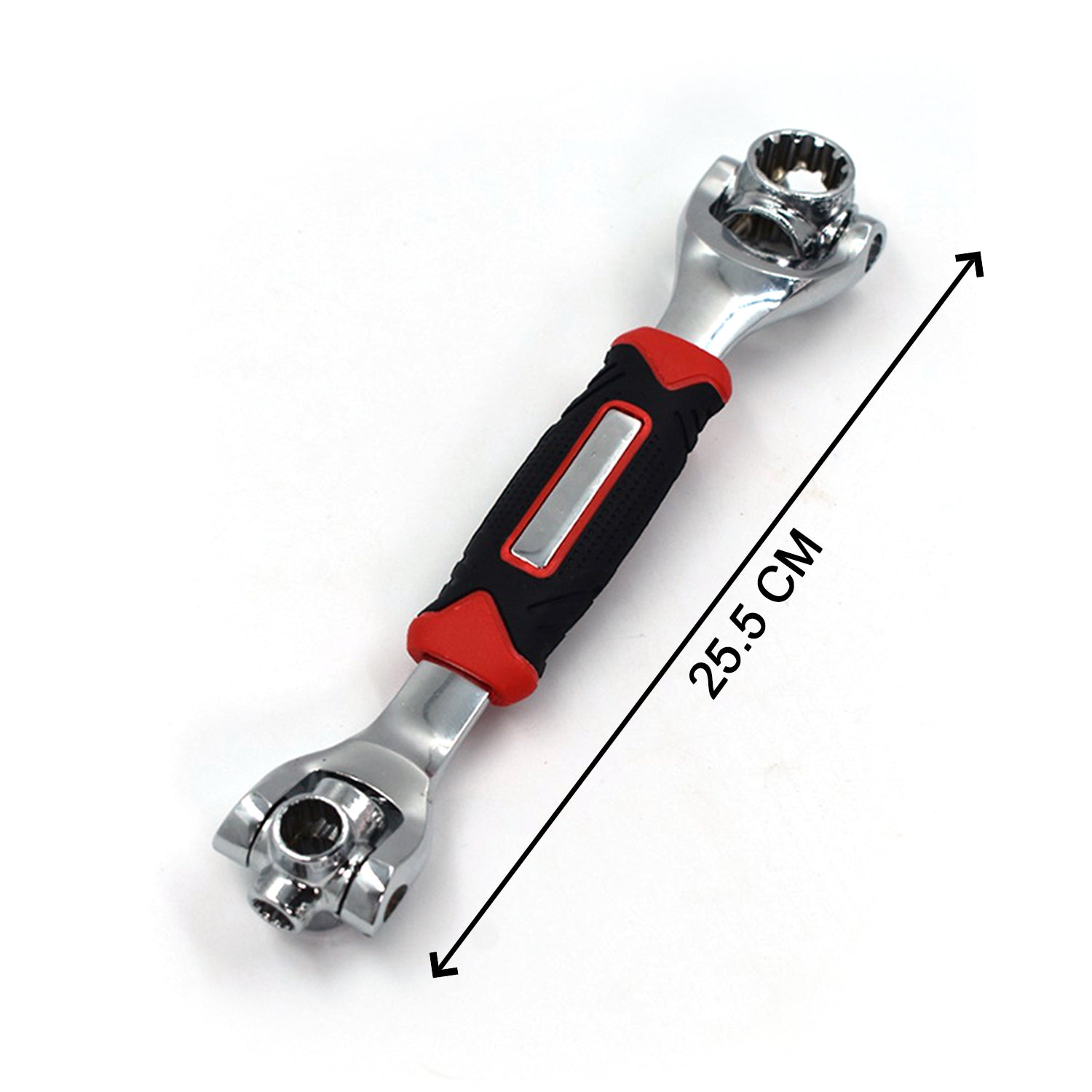 Detailed view of the universal socket wrench's comfortable rubber grip and durable head.