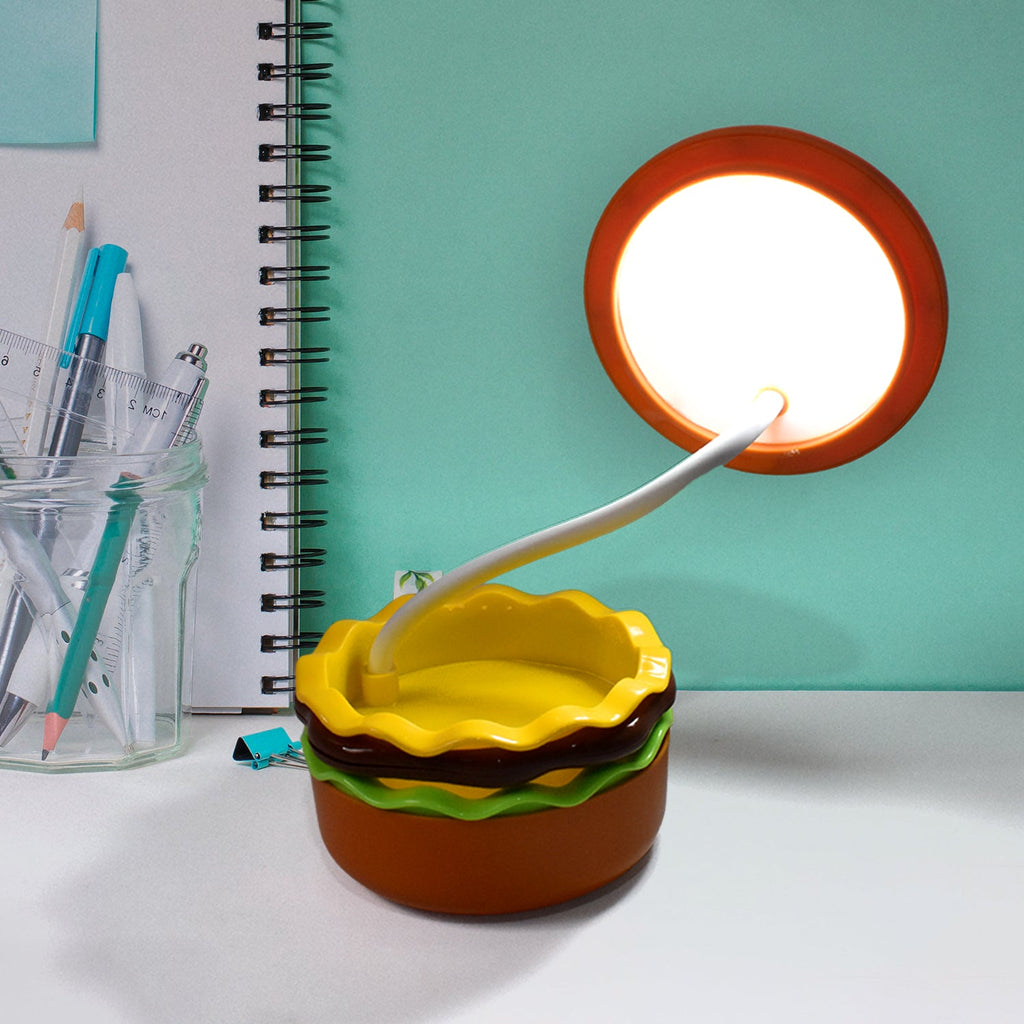 Adjustable burger LED lamp with its gooseneck extended for focused light.