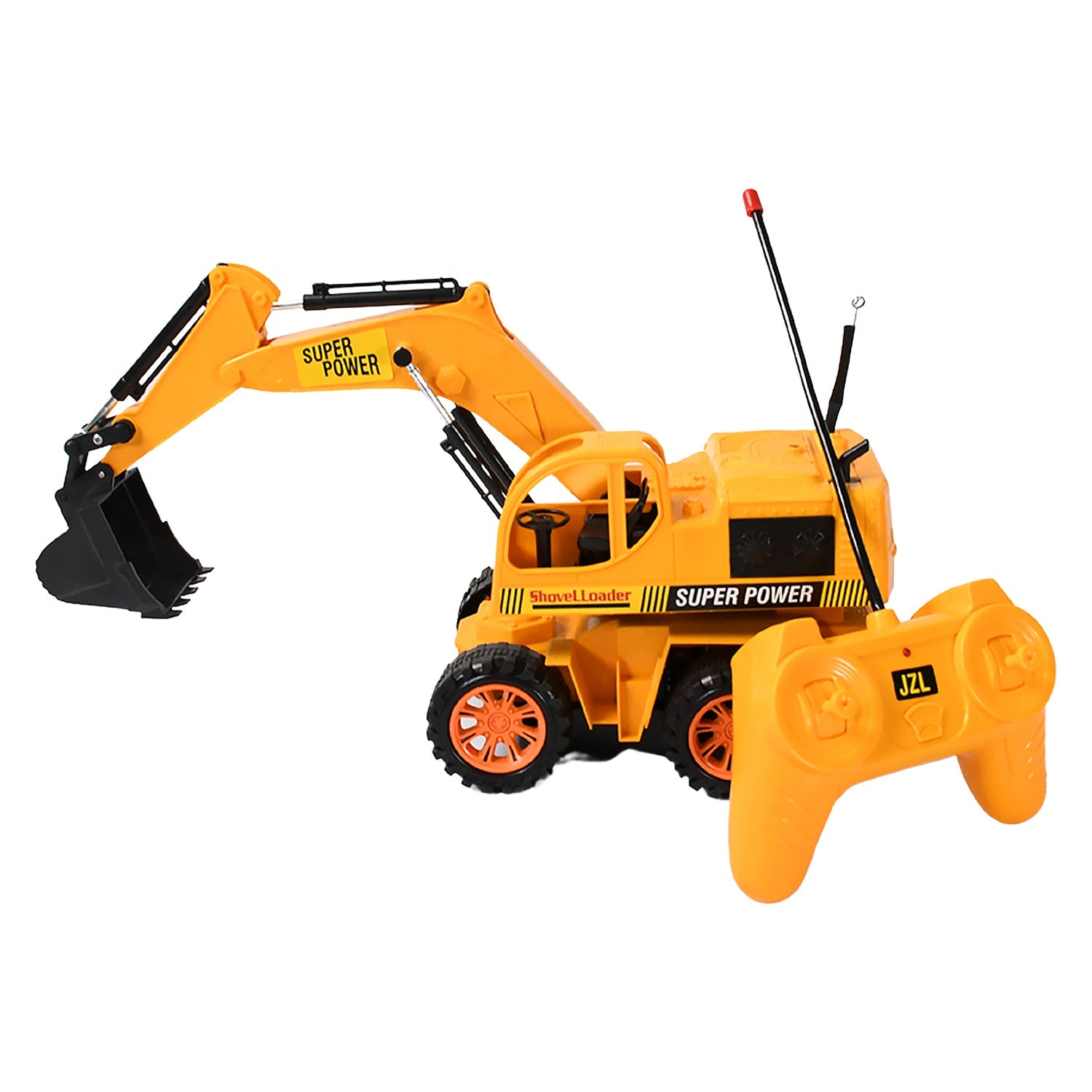 The remote control for the JCB toy, showing buttons for movement and digging arm.
