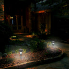BuzzGuard solar mosquito trap in a lush green garden setting at dusk.