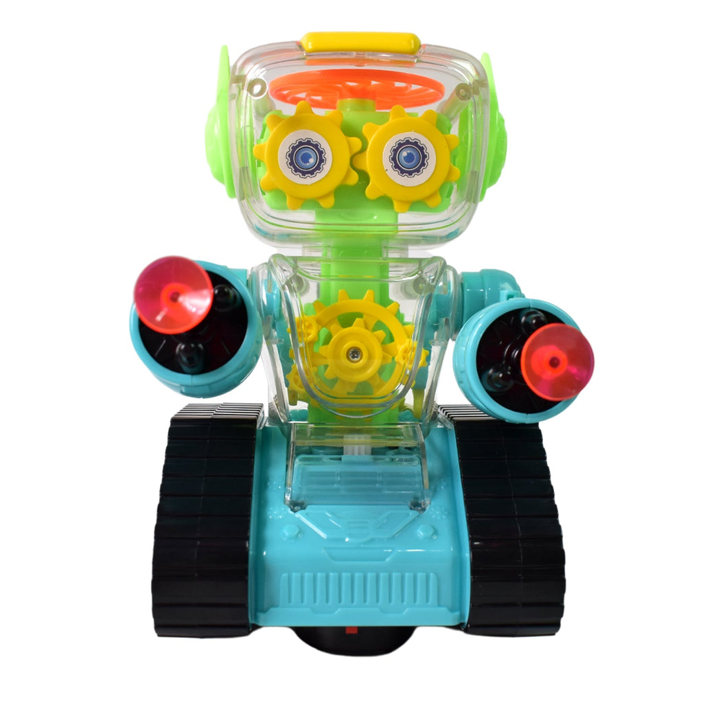 The transparent gear robot car demonstrating its 'Bump & Go' feature, changing direction automatically.