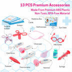 Detailed view of the multi-piece doctor play kit instruments, including stethoscope.