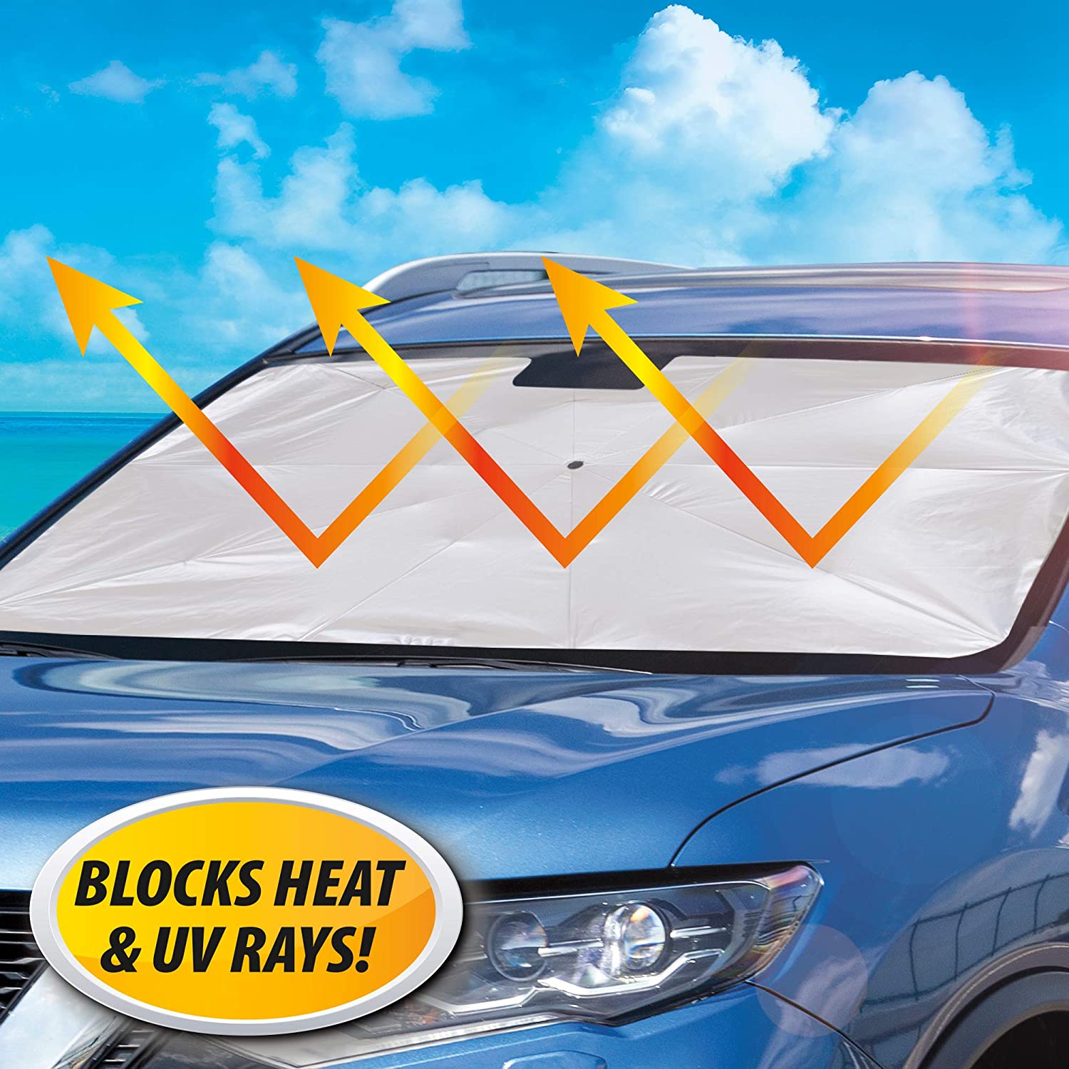 Car interior protected by the windshield sunshade on a sunny day.