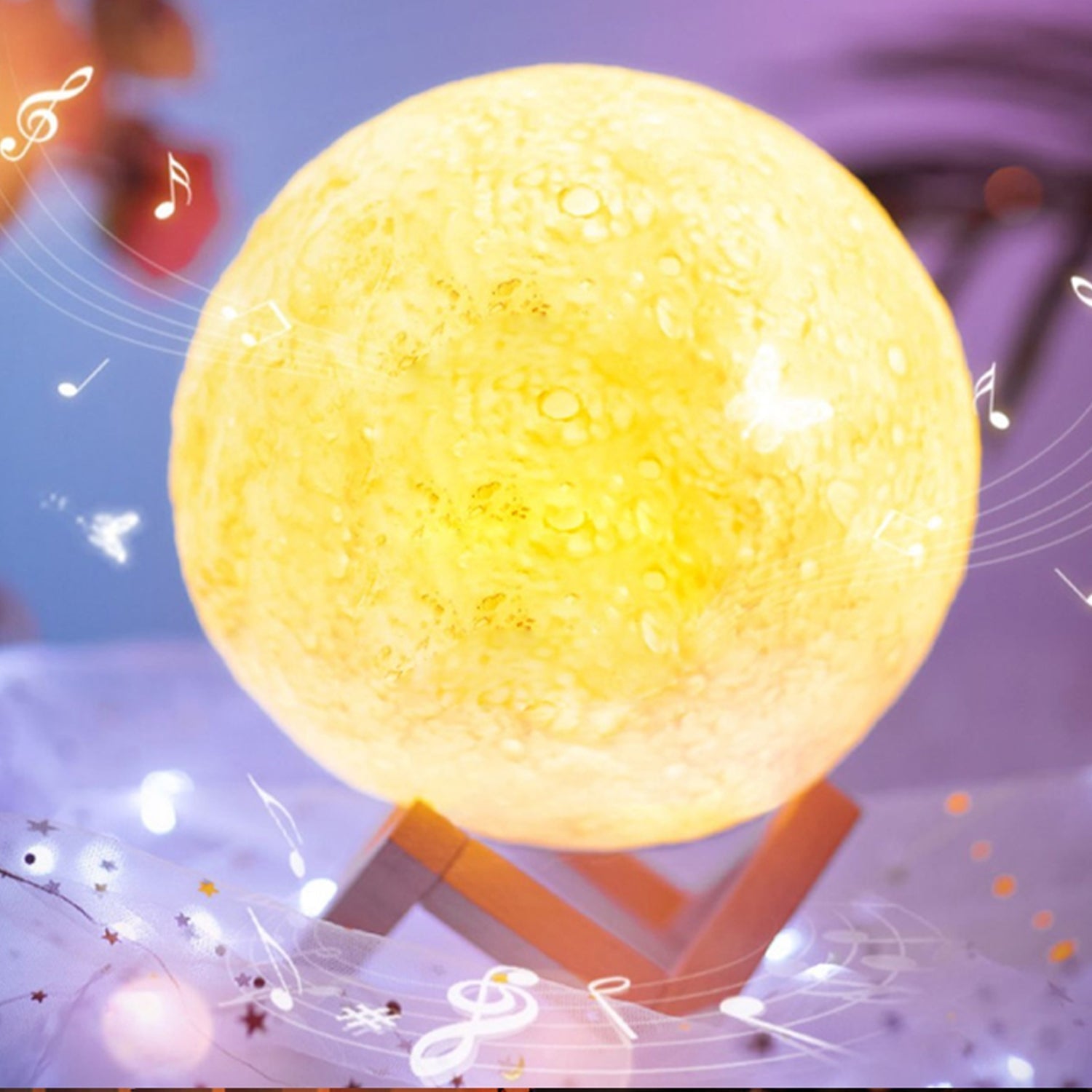 The 3D moon lamp glowing softly on its stand, illustrating adjustable brightness.