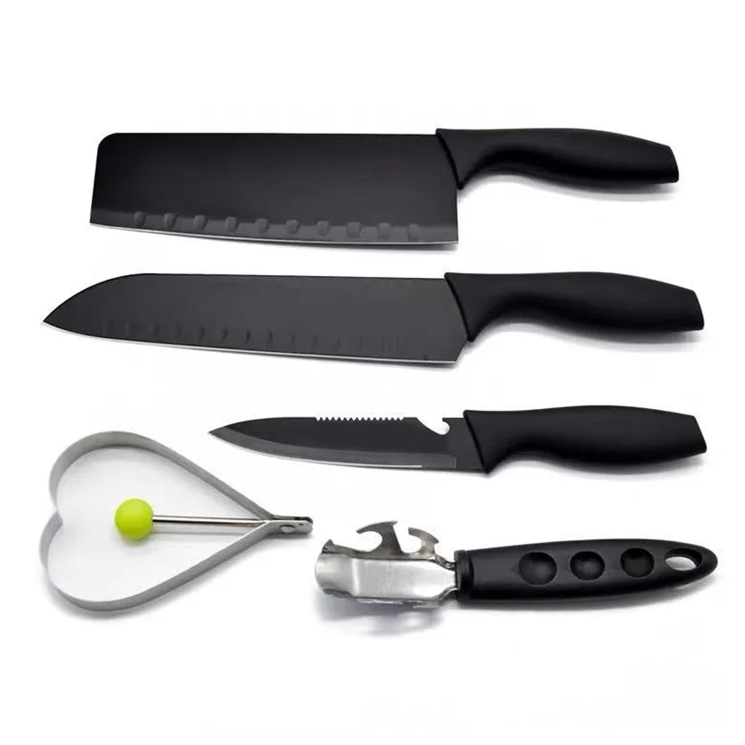 Ergonomic handles on the chef and utility knives from the professional kitchen knife set.