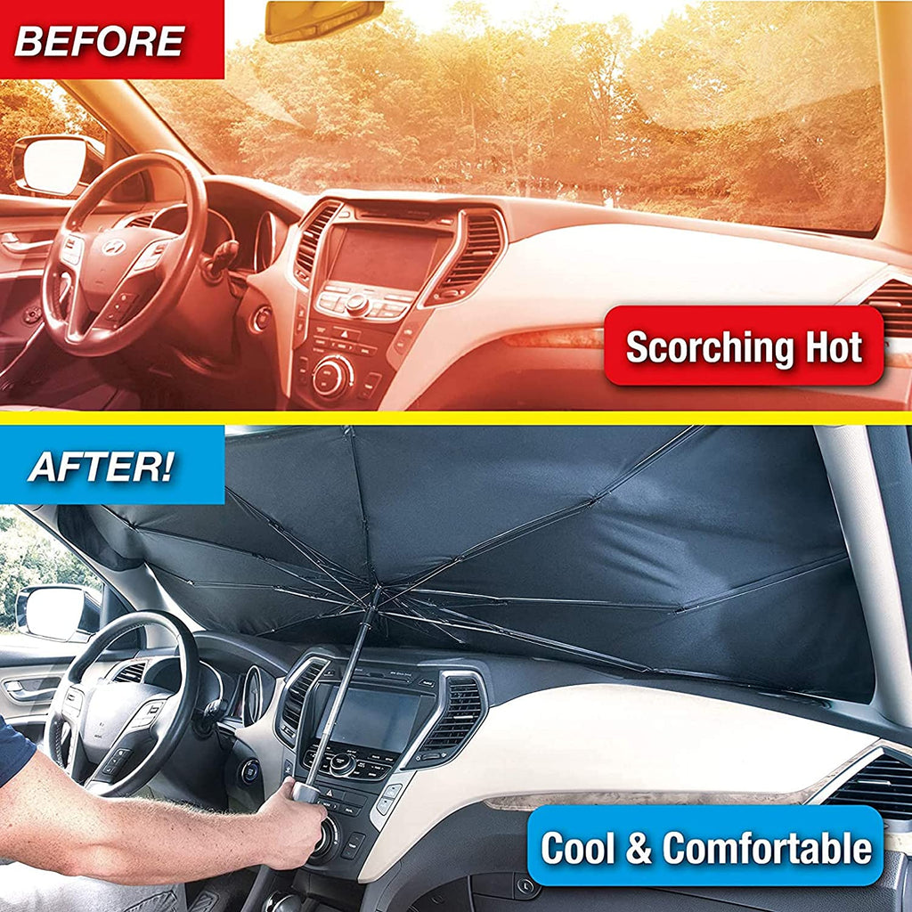 Full view of the car windshield sunshade covering the front window.
