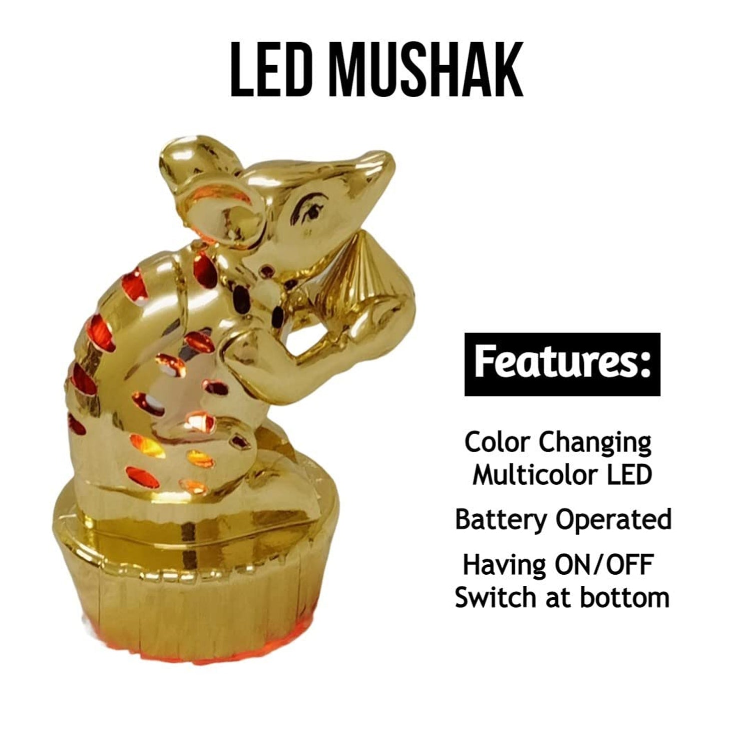 Golden LED Mooshak light placed among other Ganpati festival decorations.