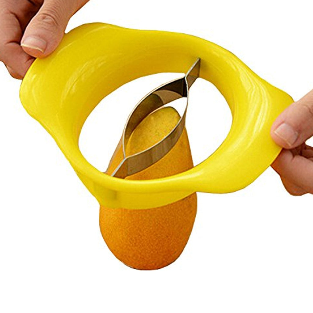 Efficient mango cutting tool with non-slip handle on a kitchen counter.