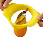 Efficient mango cutting tool with non-slip handle on a kitchen counter.