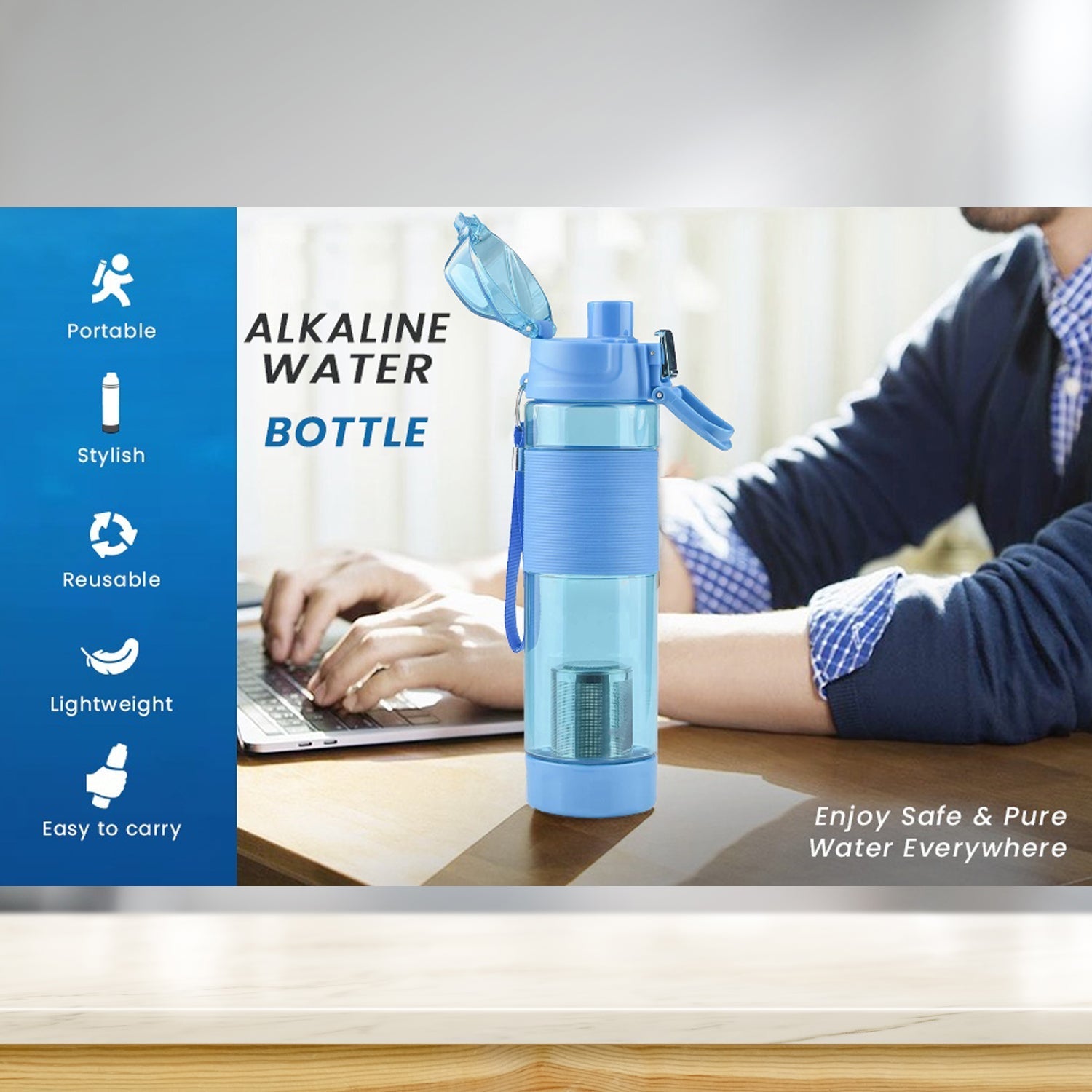 Detail shot of the secure cap and mouthpiece of the alkaline water bottle.