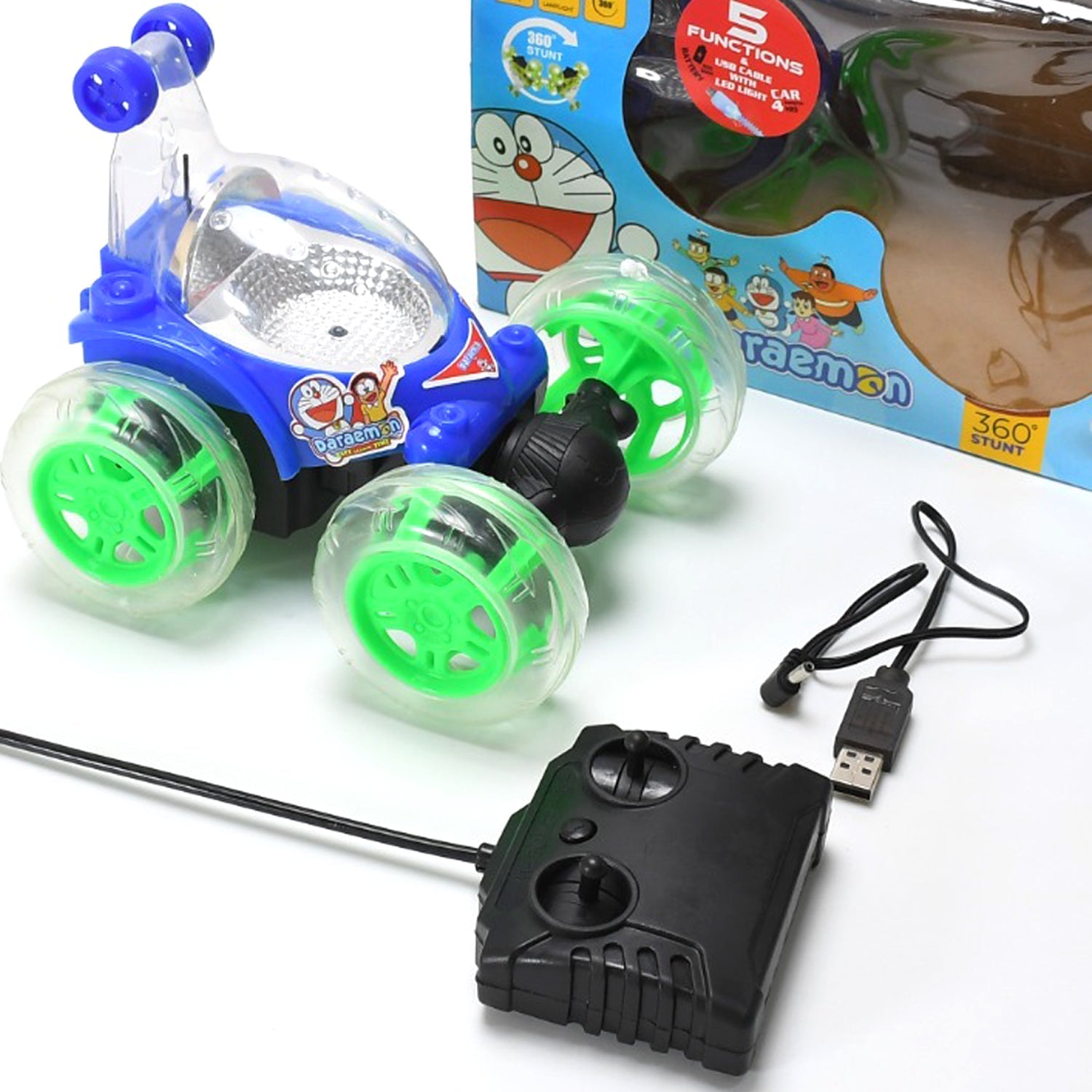 A red and blue Stunt Remote Control Car performing a trick with bright 3D lights.