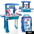 Child playing with the medical toy trolley, checking a patient's heartbeat.
