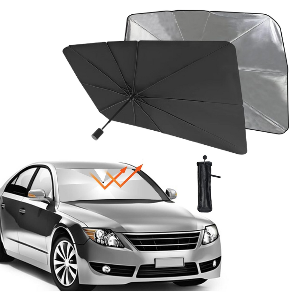 Foldable car sunshade in use, deployed on a car's windshield to block sun.