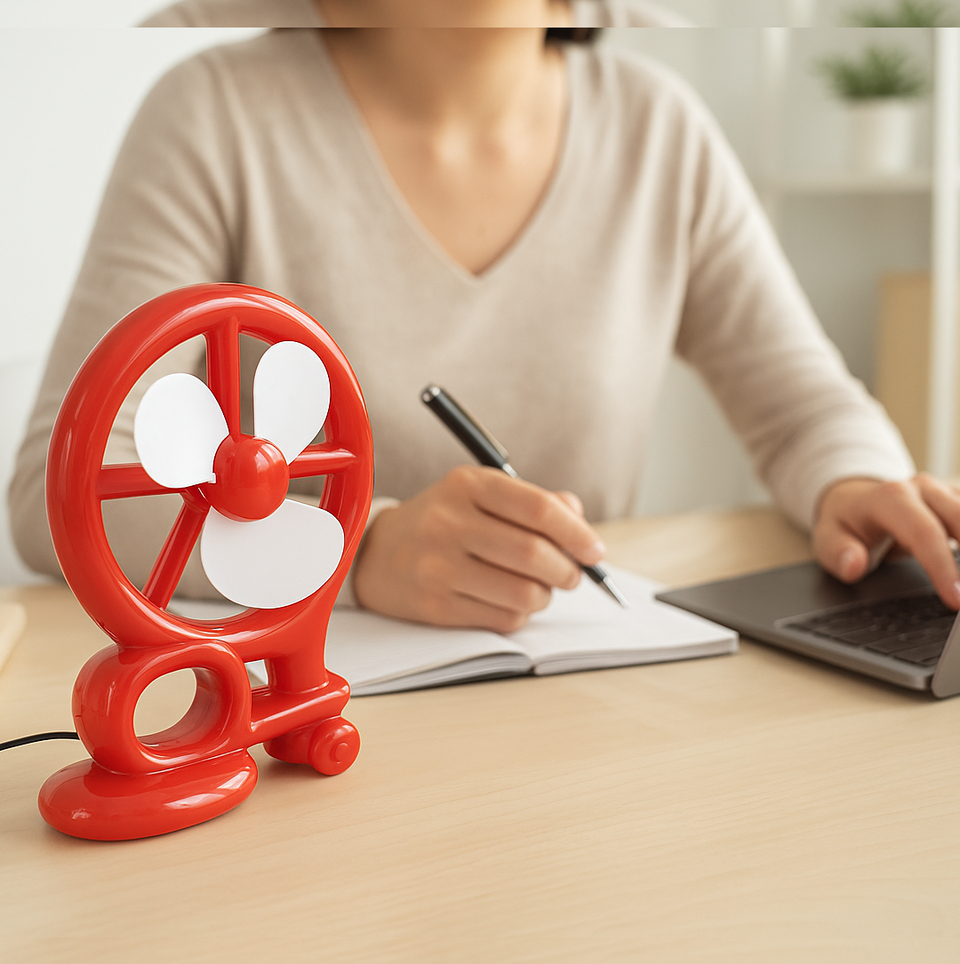 Side view of a compact red Mini Cooling USB Fan, showcasing its sleek design.