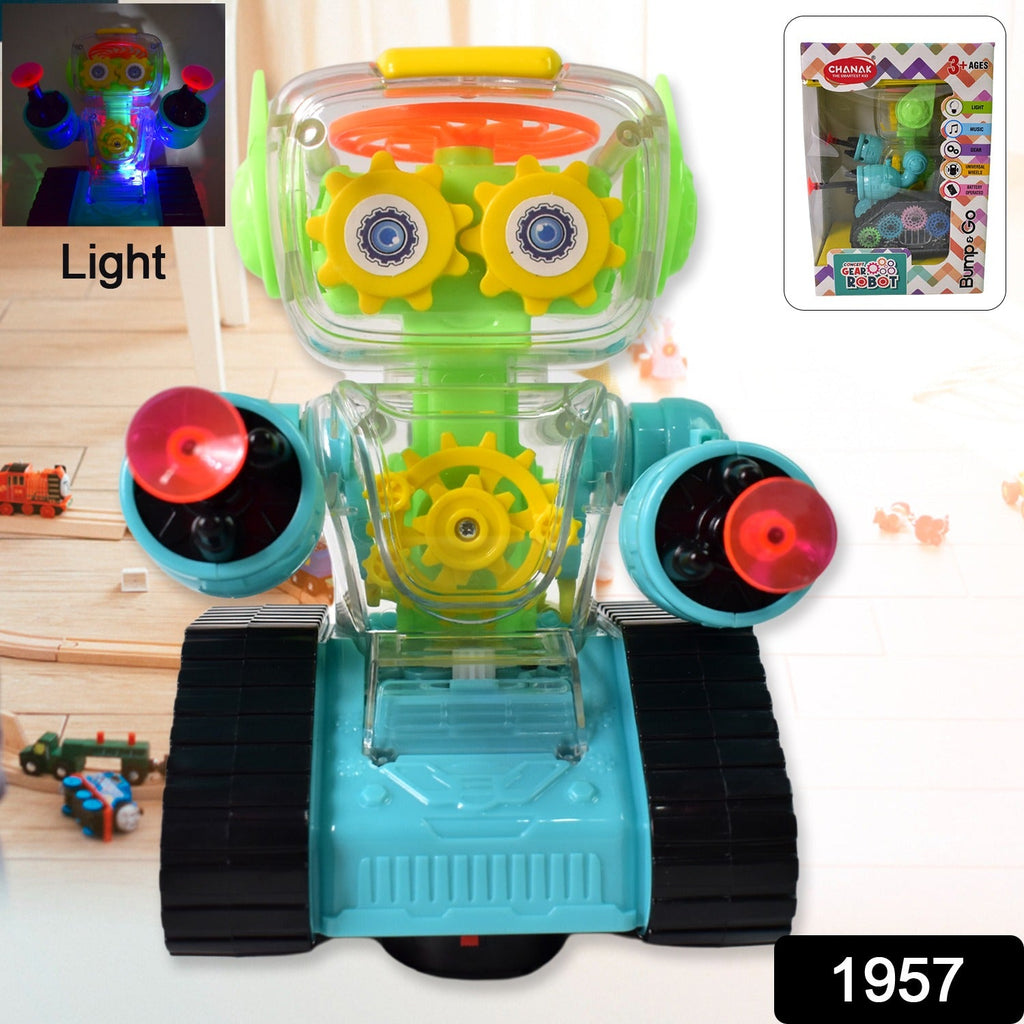 Child playing happily with the transparent gear robot car on a wooden floor, exploring its features.