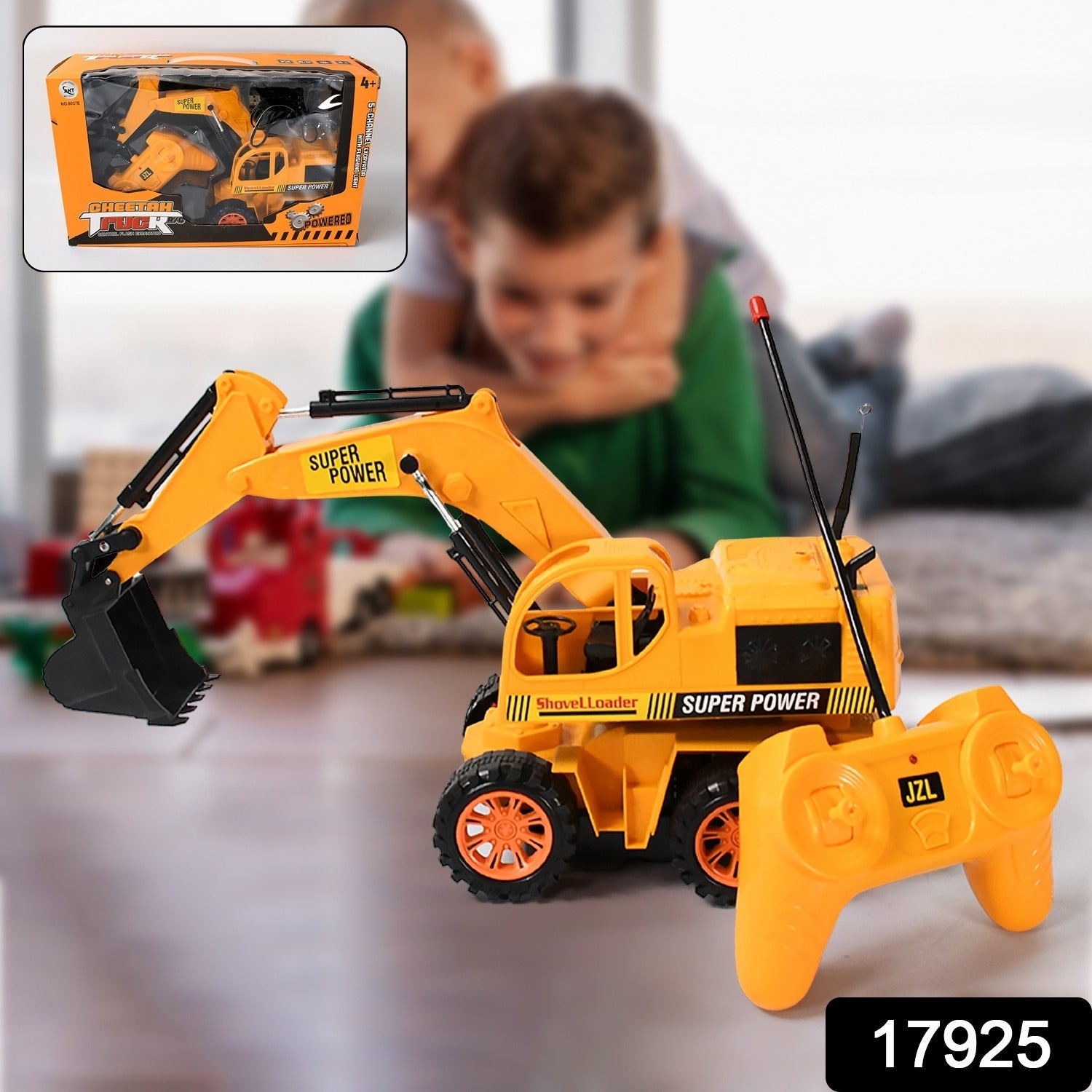 An Indian child happily playing with the yellow RC construction toy on a wooden floor, showcasing its interactive fun.