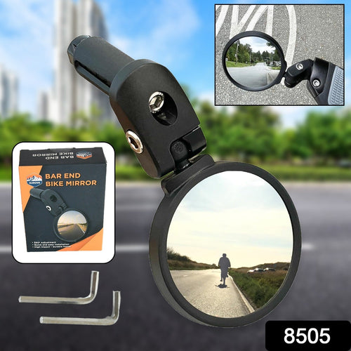 Close-up of the convex surface of the RaceVault Bar End Bike Mirror, showing its wide-angle reflection.