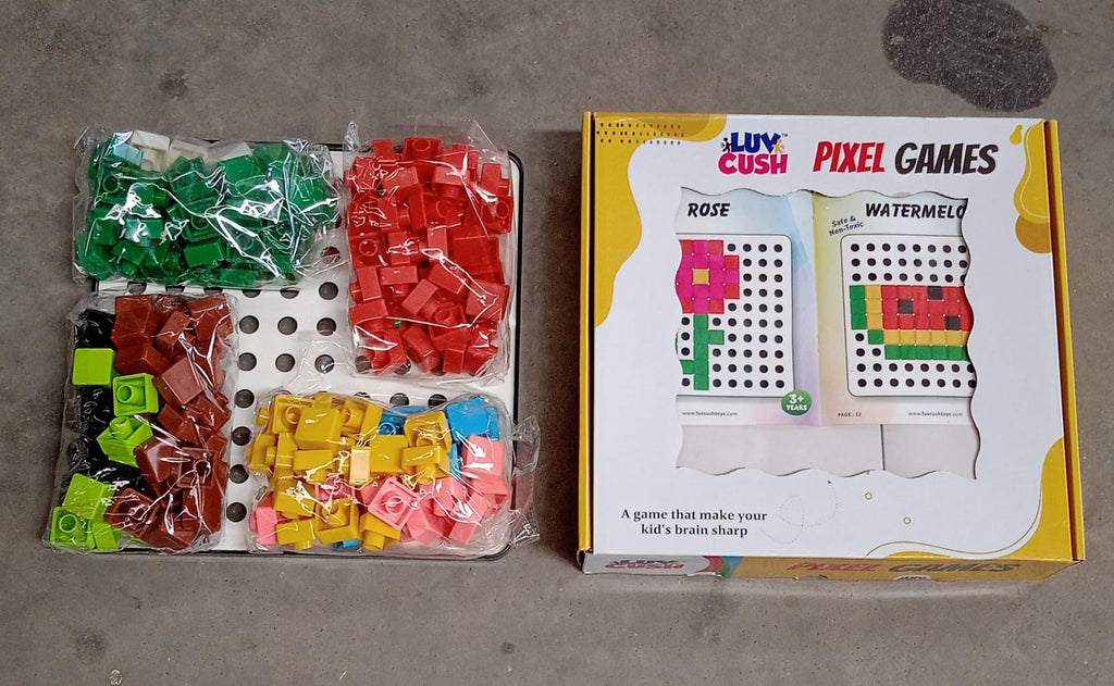Two children collaborating on a math puzzle with pixel cubes.
