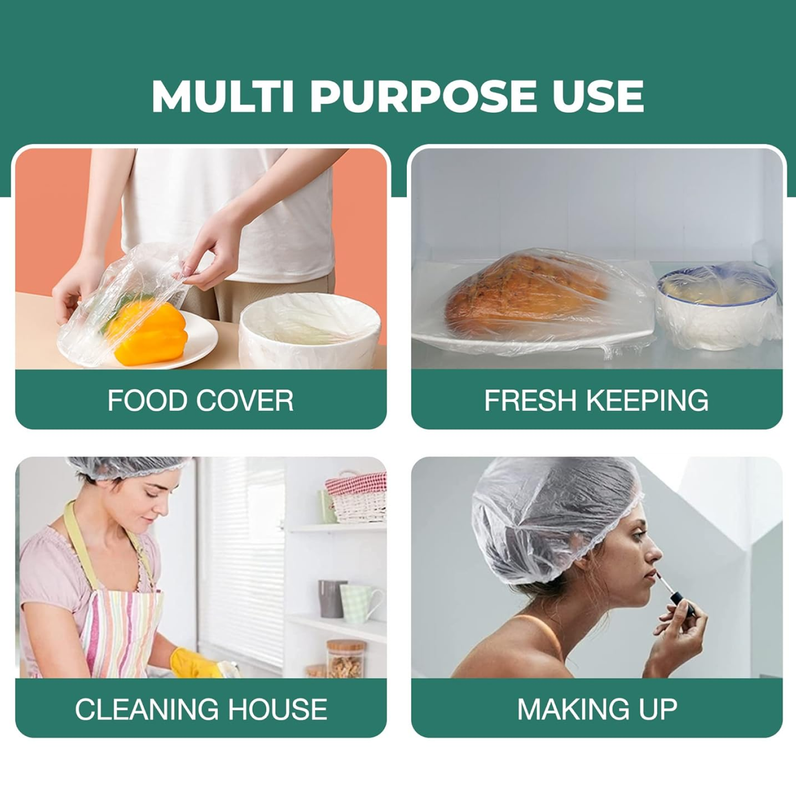 Multiple transparent disposable shower caps neatly stacked, ready for use.
