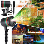 Vibrant red and green laser lights projected onto an outdoor wall for a festive event.
