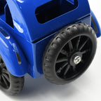 Side view of the metal car, highlighting its durable build.