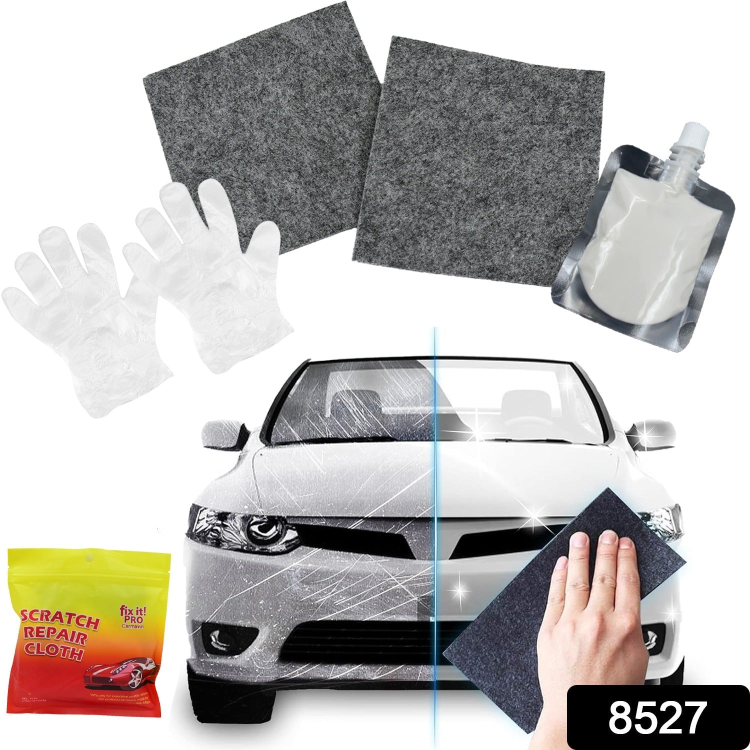 Close-up of a car's painted surface being polished with the Nano Scratch Remover Cloth.
