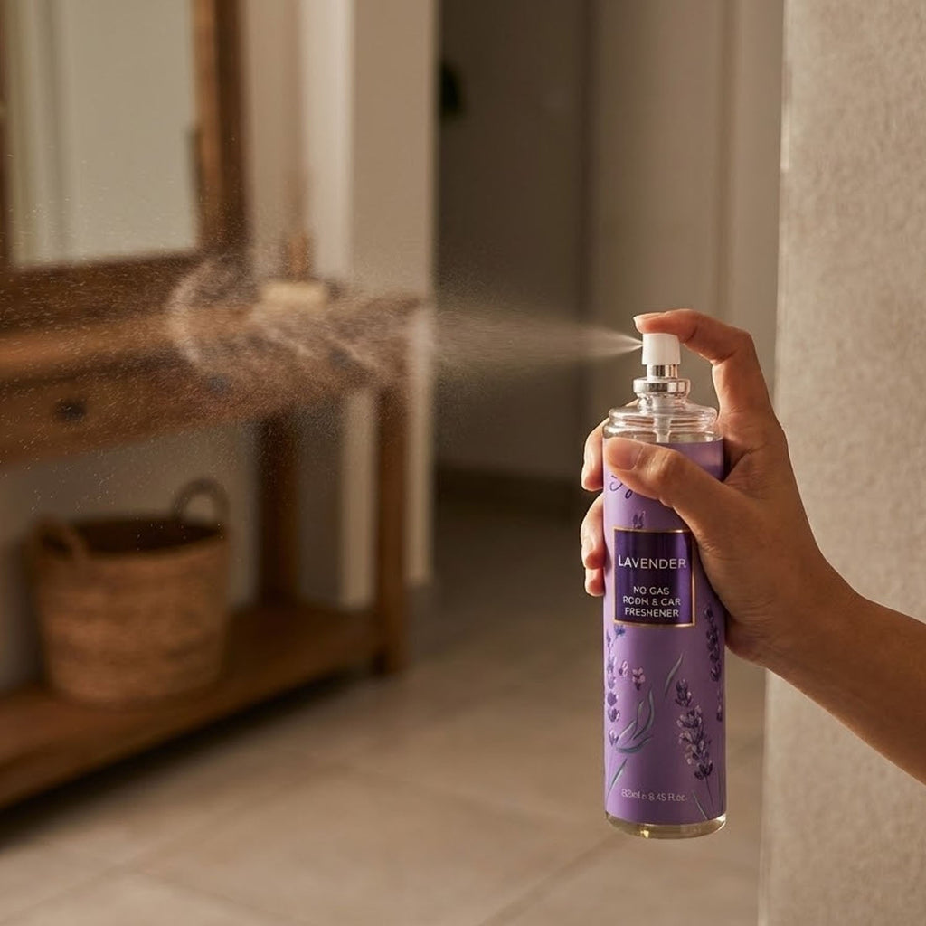 Close-up of lavender air freshener spray bottle for rooms and cars