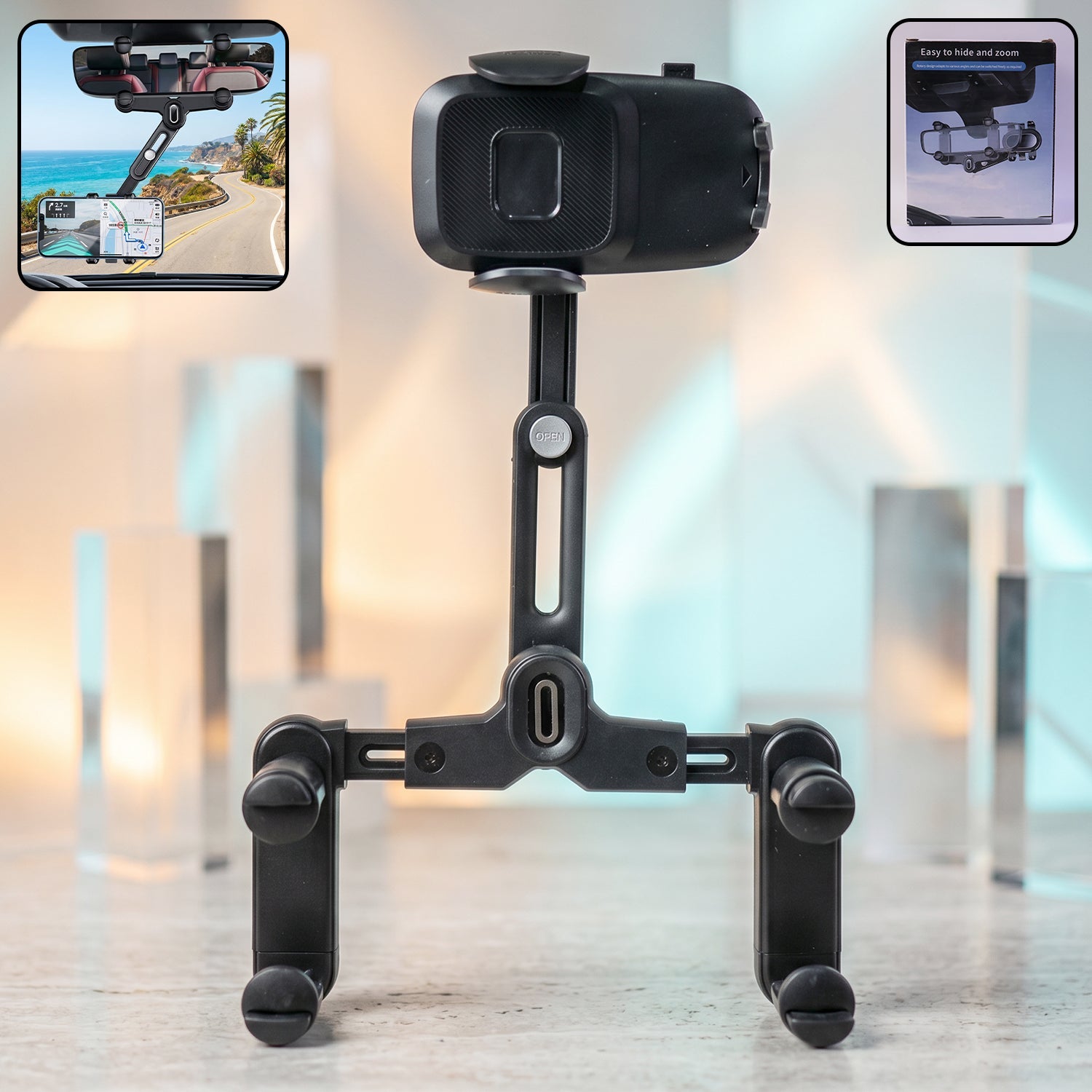 Car Rear View Mirror Phone Holder  360 Adjustable  Retractable