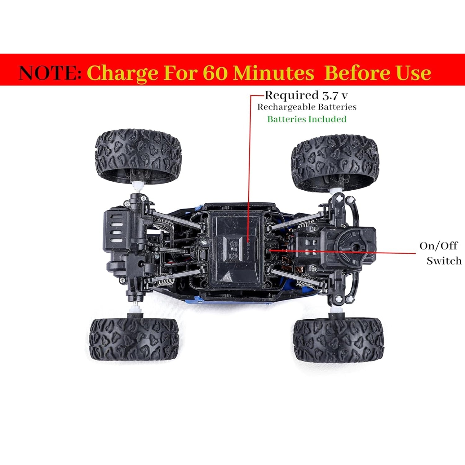 Spark Tots Rock Crawler RC Truck climbing over rough rocks with ease.