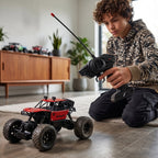 Rock Crawler RC Truck in dynamic off-road action, kicking up dust.