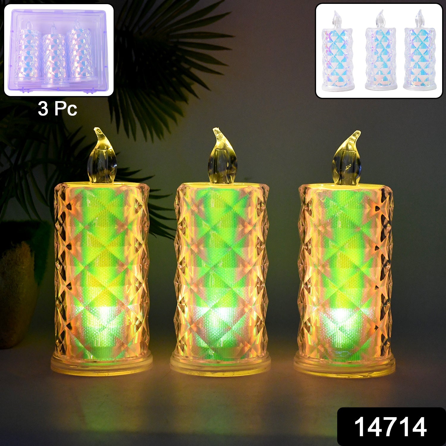 Battery-operated LED flameless candle lights with glowing multicolor flames